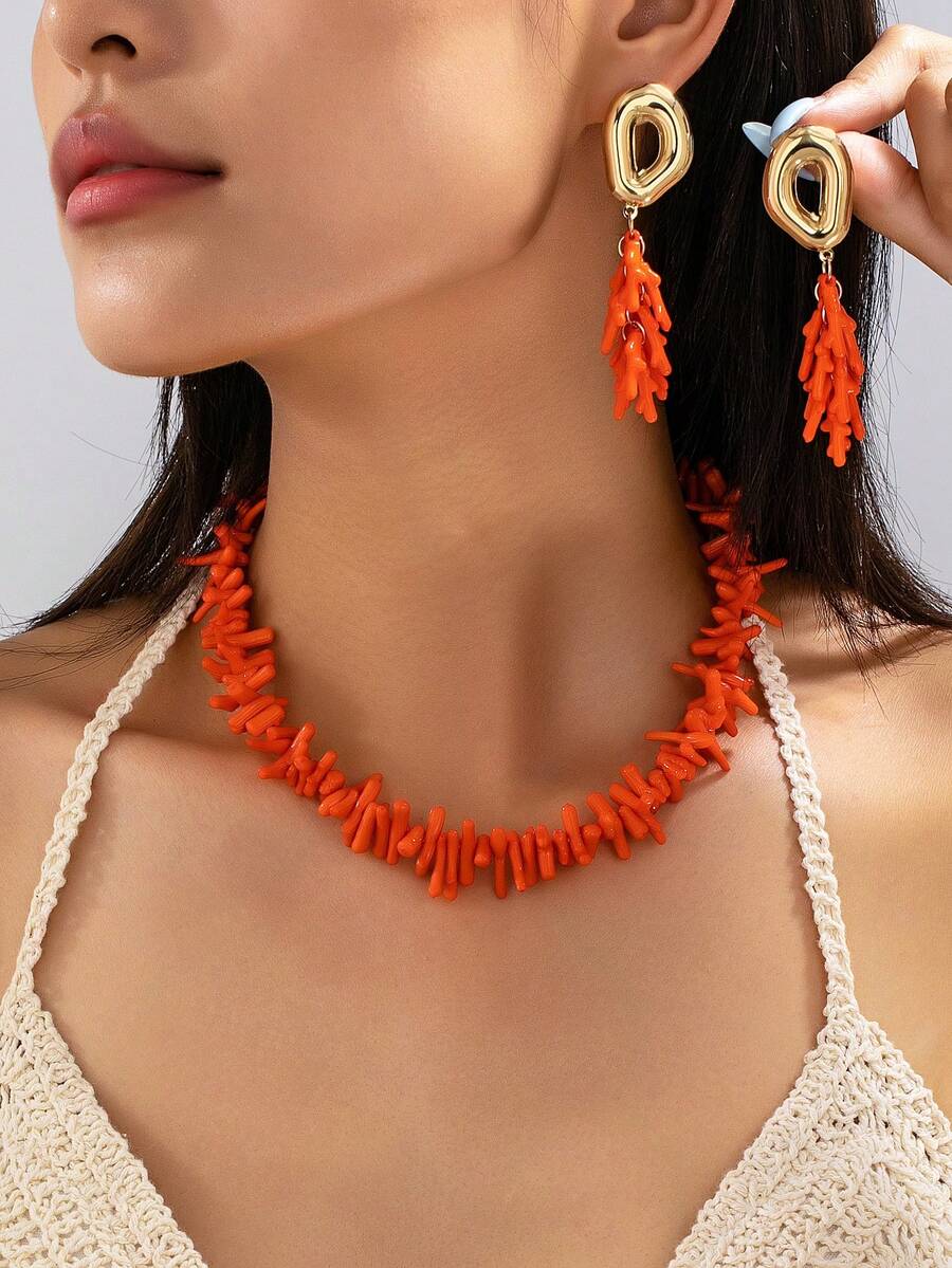 Women's Jewelry Set Bohemian Beach Vacation Faux Coral Necklace & Earrings Set, Suitable For Vacation Wear - Orange - View 1