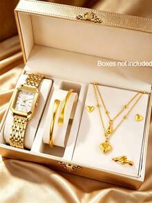 6pcs/Set New Gold Stainless Steel Watch Set, Heart-Shaped Accessories, Cute Girl Gift - Gold - View 8