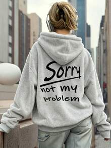 Women's Street Style Hooded Sweatshirt, Relaxed Fit Back Slogan Print Long Sleeve Pullover - Grey - View 7