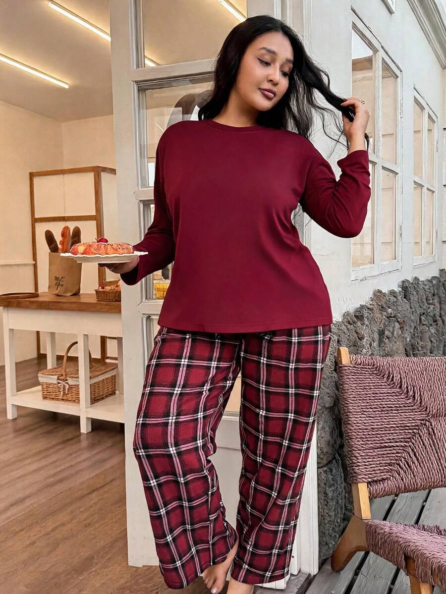Women's Plus Size Pajama Set, Plaid Print, Long Sleeve Long Pants Loungewear Set, Autumn/Winter Clothing - Red - View 1