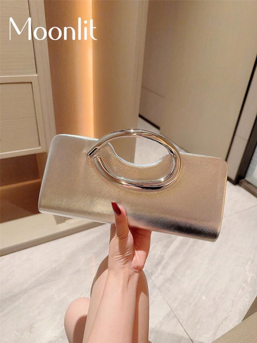 1件歐美時尚金屬裝飾迷你方盒手拿包，高端亮面金屬條手柄女款手提包，優雅奢華晚宴包，適合派對/浪漫婚禮/舞會/雞尾酒會/校園舞會，PU皮革配金屬鍊條