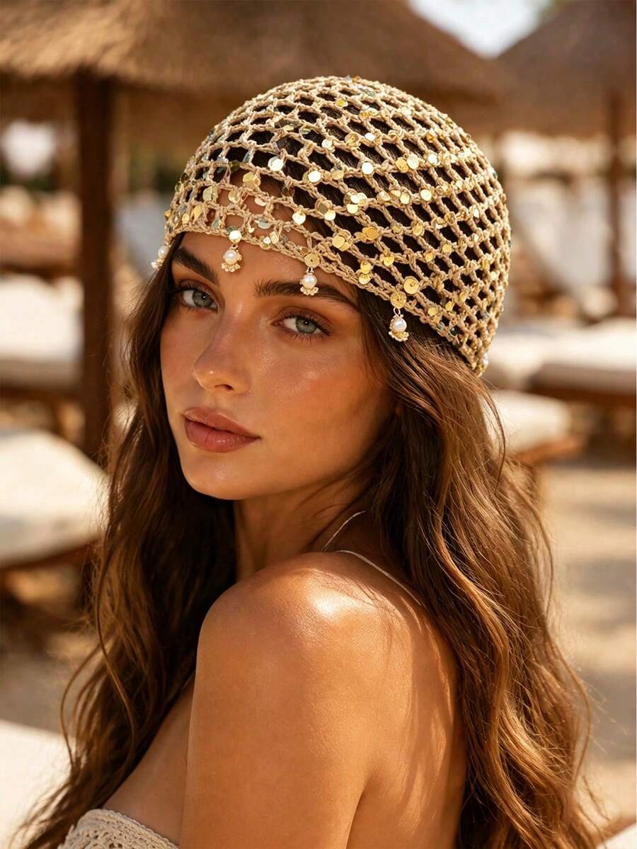 1pc Bohemian Style Sequin Crochet Knit Hat, Vintage Hollow Pendant Headscarf, Multi-Functional Hair Accessory For Vacation/Party/Daily Wear - Multicolor - View 1