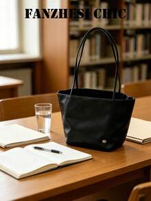 Minimalist Large Capacity Tote Bag With Soft Nylon Material, Gentle Contrast Color Lining Design, Can Store Books And Laptop, Versatile Commuter Shoulder Bag For Girls - Black - View 5