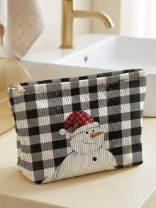 1pc Polka Dot Snowman Print Corduroy Makeup Bag, Zipper Closure, Christmas‑Themed Toiletry Organizer Bag For Daily Use, Travel And Holiday Gifting - Multicolor - View 9