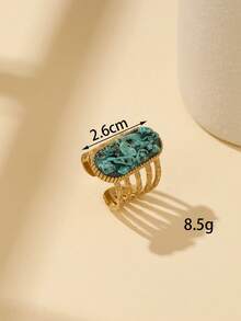 1/4pcs Set 304 Stainless Steel Inlaid Vintage Green Turquoise Crushed Stone, Pale Purple Crushed Stone, Turquoise Green Crushed Stone Open Rings, Adjustable Size, Available In Multiple Colors, Can Be Purchased Individually Or As A Set, Hollow Multi-Layer Gold Rim Heart Wide Oval Stackable Rings - Yellow Gold - View 7