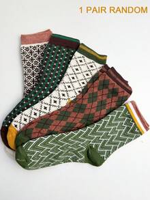 1/5 Pasang Kaos Kaki Setengah Betis Wanita Motif Vintage Acak, Desain Pola Houndstooth Kompleks Gaya Kampus, Kaos Kaki Hangat Nyaman untuk Musim Gugur/Dingin, - MultiWarna - View 7