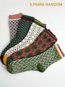 1/5 Pasang Kaos Kaki Setengah Betis Wanita Motif Vintage Acak, Desain Pola Houndstooth Kompleks Gaya Kampus, Kaos Kaki Hangat Nyaman untuk Musim Gugur/Dingin, - MultiWarna - View 6