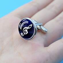 1對音樂符號圖案圓頂玻璃袖扣 時尚精緻 正式場合 音樂愛好者禮物 - 銀色 - 查看 5
