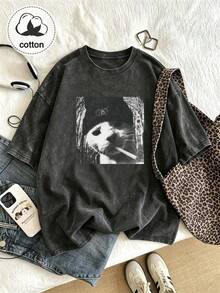 Cool Abstract Cat Print Distressed T-Shirt Women's Washed Cotton Round Neck Casual Top Vintage Style Spring Summer Fashion Shirt Women's Autumn Black - Black - View 10