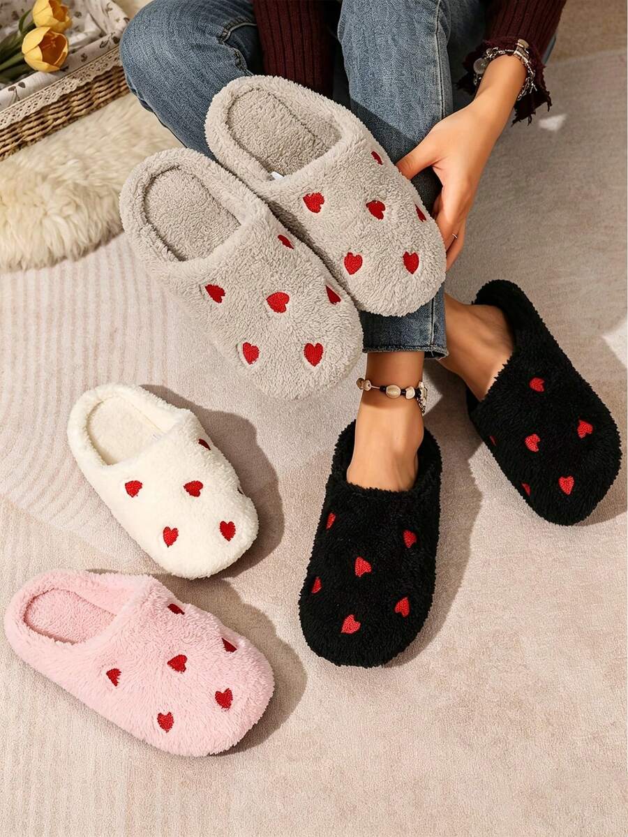 Soft Sole Embroidered Heart Warm Slippers - Quiet Slippers - Super Soft & Lightweight - Suitable For Floor Or Carpet Use, Halloween, Christmas Decoration, Home Decor, Comfortable, Bedroom