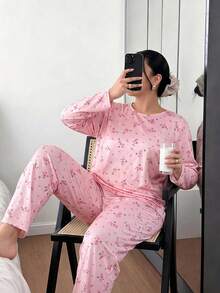 Women's Plus Size Pajama Set, Floral Print, Long Sleeve Long Pants Loungewear Set, Autumn/Winter Clothing - Pink - View 4