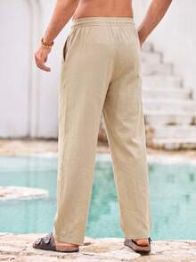 Mercer Haus Men's Solid Color Linen Drawstring Casual Straight Leg Pants, Minimalist Fashion Beach Trousers - Khaki - View 2