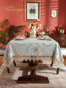 HXARTMIS 1PC Vintage Floral Lace Trim Square Tablecloth, Light Blue Jacquard Pattern Washable Fabric Dining Table Cover, Suitable For Restaurant Kitchen Home Decor - Baby Blue - View 1
