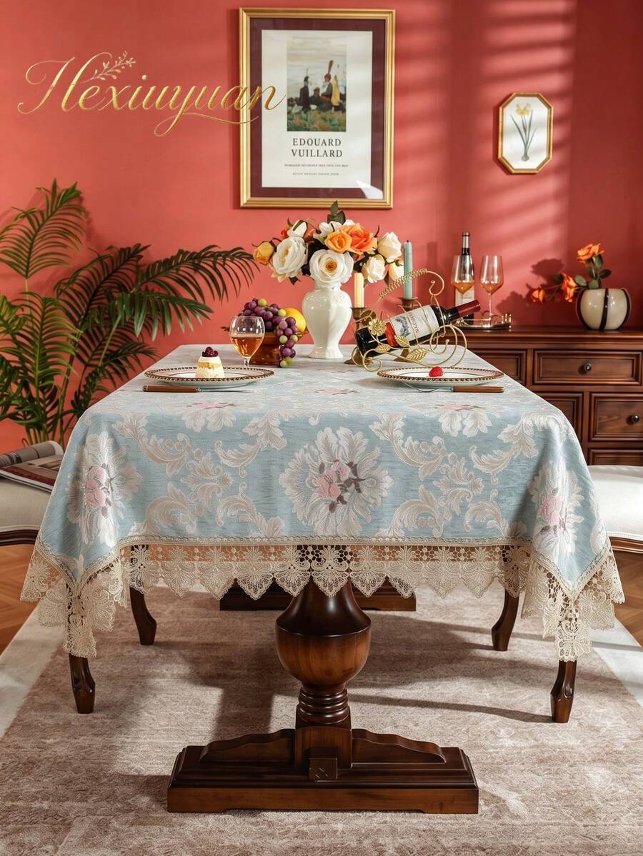 HXARTMIS 1PC Vintage Floral Lace Trim Square Tablecloth, Light Blue Jacquard Pattern Washable Fabric Dining Table Cover, Suitable For Restaurant Kitchen Home Decor - Baby Blue - View 1