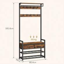 SONGMICS Garderobe mit Schuhbank, Garderobe, Garderobenständer mit 2 Stoffschubladen, 30 x 80,4 x 181,6 cm, braun-schwarz - Vintage Braun-Schwarz - Übersicht 3