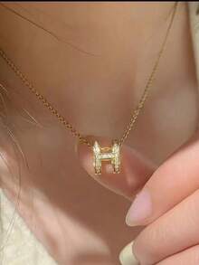 H Letter Pendant Enamel Necklace, Titanium Steel Gold Plated, Hypoallergenic Women Neck Jewelry Gift - H-shaped Gold Openwork Necklace - View 1