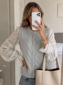 Wixra Women's Cable Knit Sleeveless Vest Cardigan, Round Neck Button Front Loose Fit Knit Waistcoat - Grey - View 1