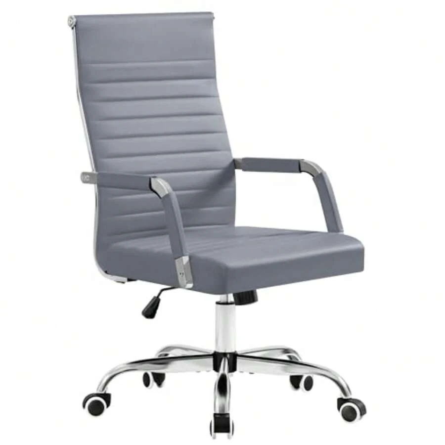Ergonomic Office Desk Chair, Executive Ribbed Mid-Back PU Leather Conference Room Chair Adjustable Swivel Chair With Arms 1, Grey - Grey - View 1