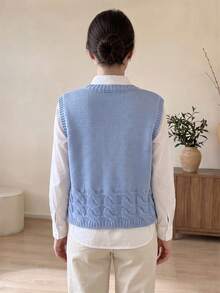 Wixra Women's Crew Neck Cable Knit Sleeveless Sweater Vest, Loose Fit Solid Knit Waistcoat Top - Dusty Blue - View 2