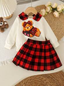2pcs Baby Girl Cute Bear Pattern Red & Black Plaid Peter Pan Collar Long Sleeve Sweatshirt And Skirt Set, Lightweight, Autumn/Winter Holiday - Multicolor - View 3