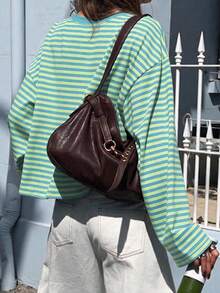 Autumn Retro Colorblock Striped Round Neck Long Sleeve Top, Loose Lazy Drop Shoulder Base Layer T-Shirt For Women - Teal - View 5