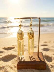 A Pair Of Textured Oval Tassel Dangling Earrings, Bohemian Ear Hook Jewelry, Gift For Ramadan Eid Al Fitr, Exquisite Seaside Vacation Accessories - Irregular Frame Stud Earrings - View 7