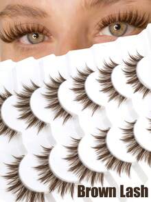 6 Pairs Brown Thick Pointed Tail Cartoon Eyelashes Invisible Curl Fluffy Natural Fresh Korean Style Faux Mink Fur Big Eye False Eyelashes One-Piece Beginner Eyelashes 009 - Brown - View 1