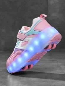 BLSART 1 Pair Girls PU Hook & Loop Lace-Up Design Breathable Fabric LED Light Thick Sole Low-Top Colorblock Patchwork Cute Roller Skate Shoes Detachable Dual-Use Kids Sports Shoes Suitable For Spring Summer Autumn - Pink - View 5