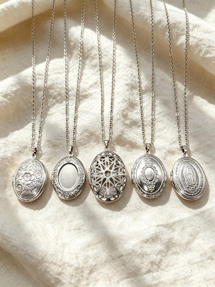 1pc Casual Stainless Steel Oval-Shaped Gratitude Photo Pendant Necklace, Unisex, Suitable For Daily Wear, Holiday Wear, Thanksgiving Wear, Niche Luxury, Minimalist Versatile, High-End Design - Silver - View 1
