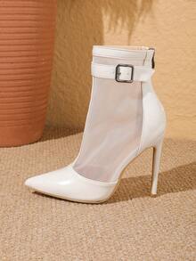 Sexy Nightclub Fashion Velvet Mesh Patchwork Back Zipper Pointed Toe High Heel Ankle Boots - Beige - View 8