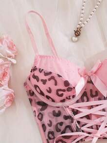 Women's Leopard Print Bow Decor Sexy Everyday Spaghetti Strap Bra - Pink - View 4