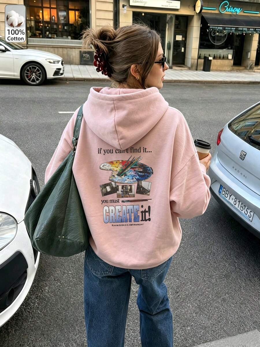 Autumn/Winter Casual Women's Hooded Long Sleeve Sweatshirt With Oil Painting Tool Print, Sporty Jogging Style Women's Top, Y2K Streetwear Hoodie - Nude Pink - View 1