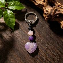 2pcs Handmade Natural Heart-Shaped Jade Stone Keychains, Chinese Vintage Beaded Key Rings, Bohemian Crystal Bag Charms, Lucky Healing Stone Jewelry, Gift For Girls And Women. Each Natural Crystal May Have Slight Color Variation - View 5