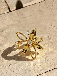 1pc Women's Gold-Tone Copper Ring With CZ Lily Flower Design, Elegant Ring Suitable For Party And Gathering - Multicolor - View 1