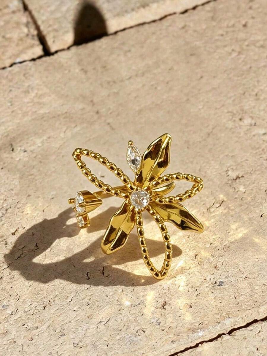 1pc Women's Gold-Tone Copper Ring With CZ Lily Flower Design, Elegant Ring Suitable For Party And Gathering - Multicolor - View 1