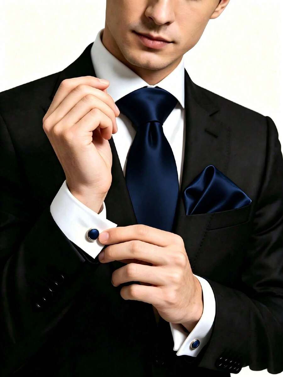 1 Set Men's 8cm Satin Necktie, Pocket Square And Cufflinks Set, Suitable For Business Meetings, Wedding Party Groom Tie Set - Navy Blue - View 1
