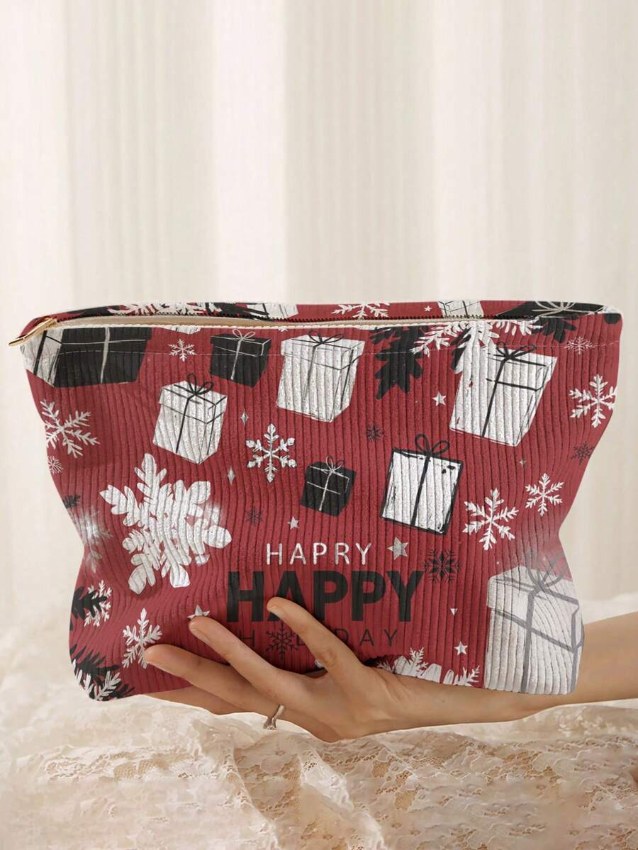 1Pc Double-Sided Christmas Gift Pattern Corduroy Zipper Cosmetic Bag,Toilet Bag,Lined Large Capacity Organizer For Travel,School & Student Daily Use - Multicolor - View 1