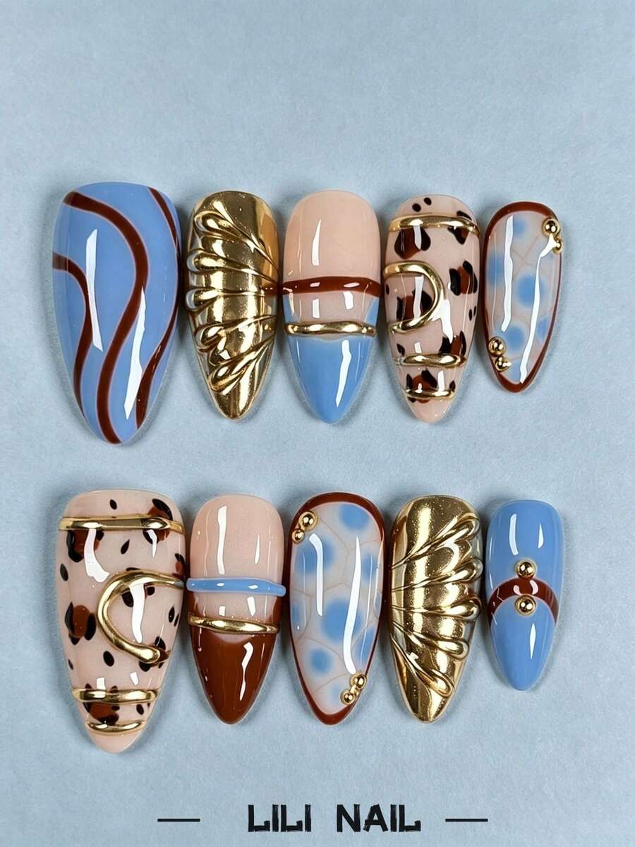 10pcs Handmade Press-On Nails, Almond Shape, Blue, Brown, Leopard Print, Metallic Color, Rhinestone Decorated, Cute Nail Art, Reusable Nail Set With Nail Tools, Suitable For Daily Commute, Party And Office
