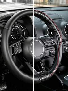 1PC Universal Carbon Fiber Steering Wheel Cover, Black Sport Style Leather Texture Auto Steering Wheel Protector With Red Stitching Detail, Non-Slip Comfortable Grip, Breathable Car Interior Accessories For Men Women Daily Commute Travel - A - View 5