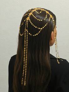 1pc Vintage Arabic Bridal Gold-Plated Multi-Layer Sequin Floral Tassel Head Chain, Women's Wedding Evening Party Costume Accessory - Golden - View 4