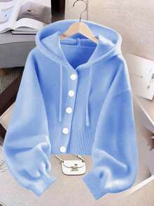 Women's Solid Color Single-Breasted Long-Sleeve Hooded Knit Jacket Yellow Autumn - 藍色 - 查看 1