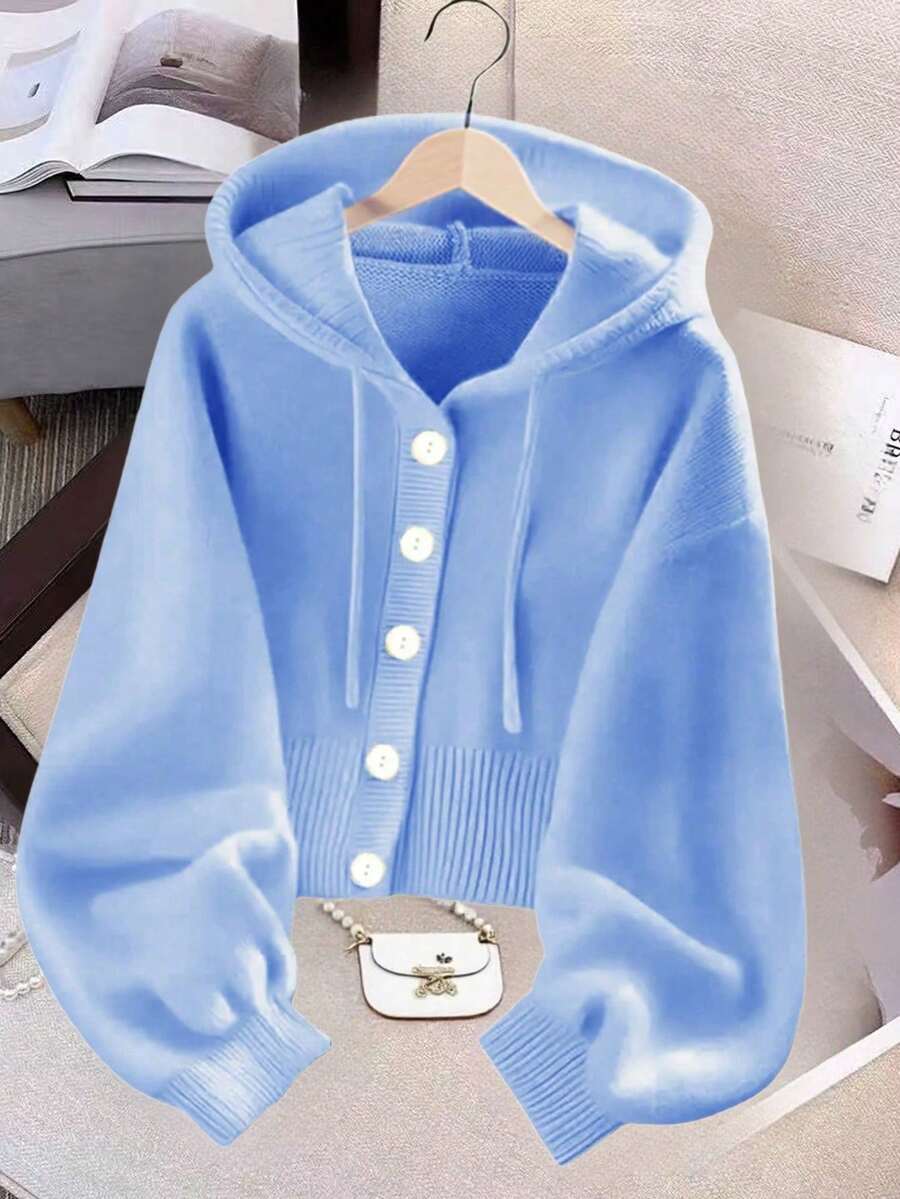 Women's Solid Color Single-Breasted Long-Sleeve Hooded Knit Jacket Yellow Autumn - 藍色 - 查看 1