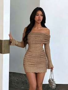 1pc Solid Color Elegant Knit Fabric Sleeveless Dress Beach Autumn - Khaki - View 2