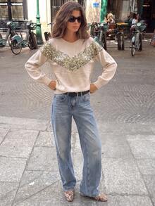 GLAMMY Autumn/Winter New Sexy Elegant Cute Y2K Gold Sequin Patchwork Shiny Women's Sweater - Apricot - View 5