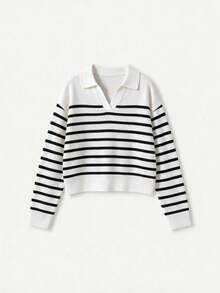 Women's New Classic Retro Style Black And White Striped Collar Long Sleeve Knit Sweater Fall - Black and White - View 5