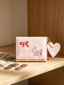 Sweet Polka‑Dot Bow And Dog Decor Pu Small Wallet, Heart Charm Card & Id Document Holder Purse, Cute Gift For Birthday Christmas Halloween For Girls - Multicolor - View 7