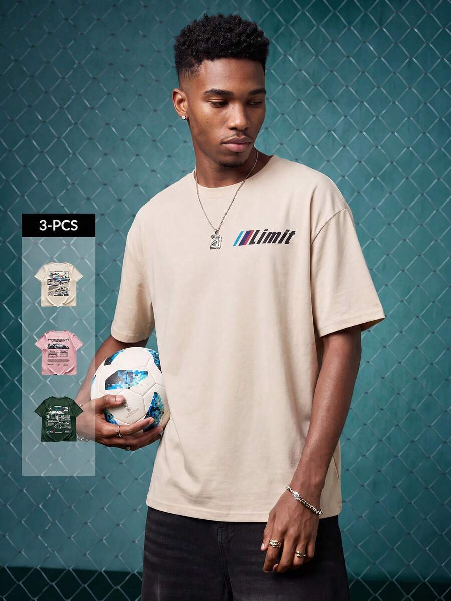 EVRINFINITE 3pcs Unisex Round Neck T-Shirt With Racecar Graphic Print, Casual & Comfortable - Multicolor - View 1