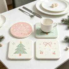 Macaron Pastel Christmas Acrylic Coaster Set, Christmas Tree Bow Cherry Snowflake Pattern, Non-Slip Heat-Insulating Coaster, Heat-Resistant Anti-Scalding, Desktop Protection Pad, Home Dining Table Holiday Decoration Christmas Gift - Multicolor - View 3