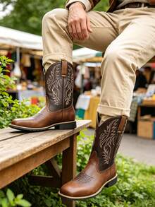 Striped Western Style Faux Leather Textured Western Boots, Outdoor Wear For Men, All Season - Brown - View 5