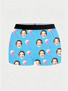 1pc Women's Customized Face & Lollipop Print Pink Hipster Panties, Personalized Soft Casual Underwear - Blue - View 3
